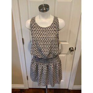 Joie Cream W/ Black & Brown Geometric Print Silk Dress W/Drop Waist, Size Small